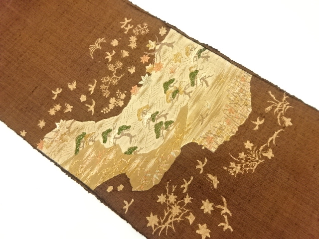 アンティーク　手織り紬松原に花鳥模様織り出し名古屋帯